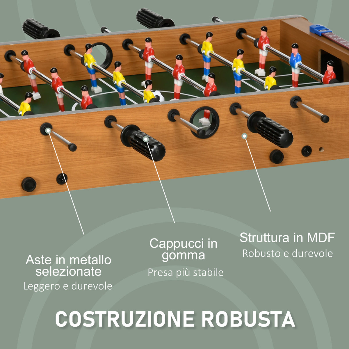 Calcio Balilla Pieghevole in Legno con 6 Aste, 18 Giocatori e Segnapunti, 69x37x70cm