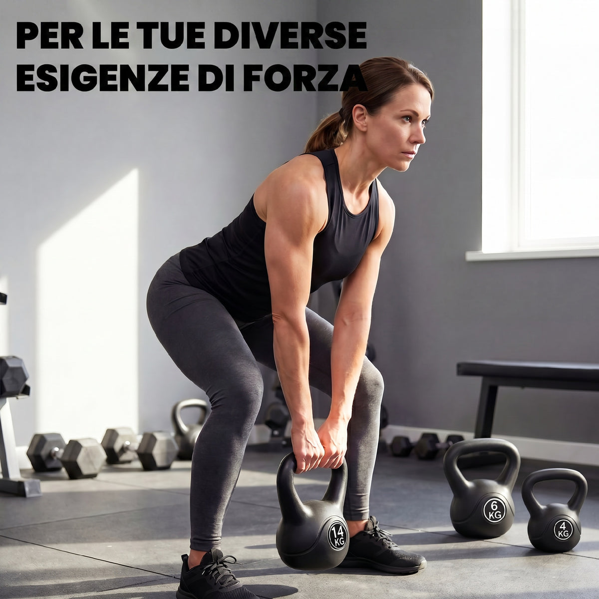Kettlebell 14kg in Plastica e Sabbia con Base Piatta e Impugnatura, Nero