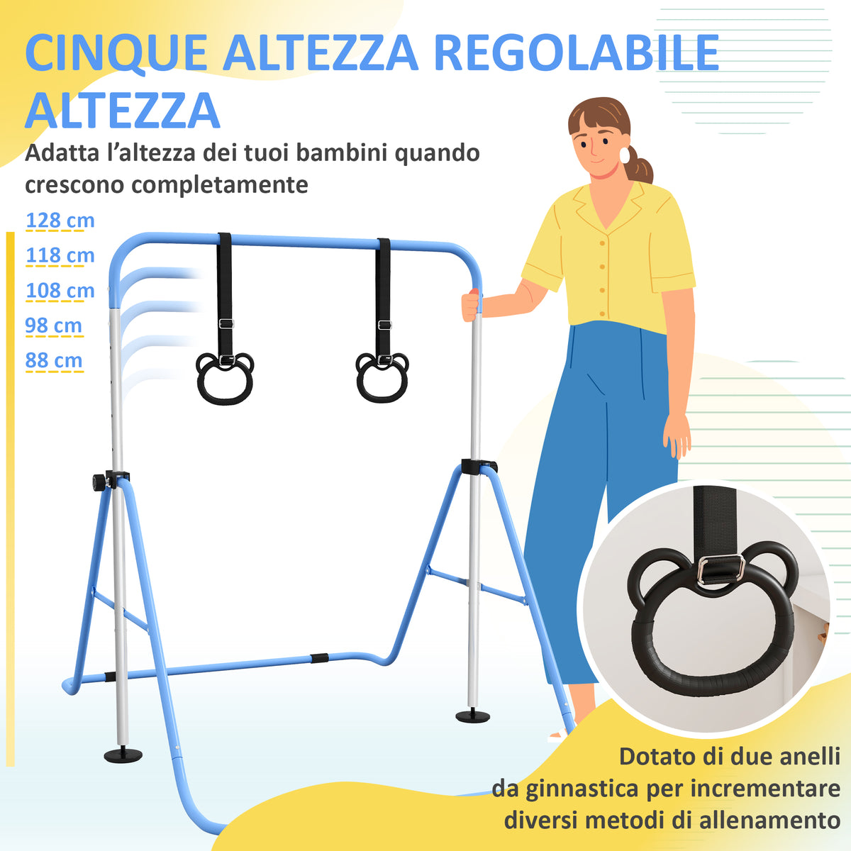 Sbarra Ginnastica Artistica per Bambini ad Altezza Regolabile con 2 Anelli, in Acciaio, 148x105x88-128 cm, Blu