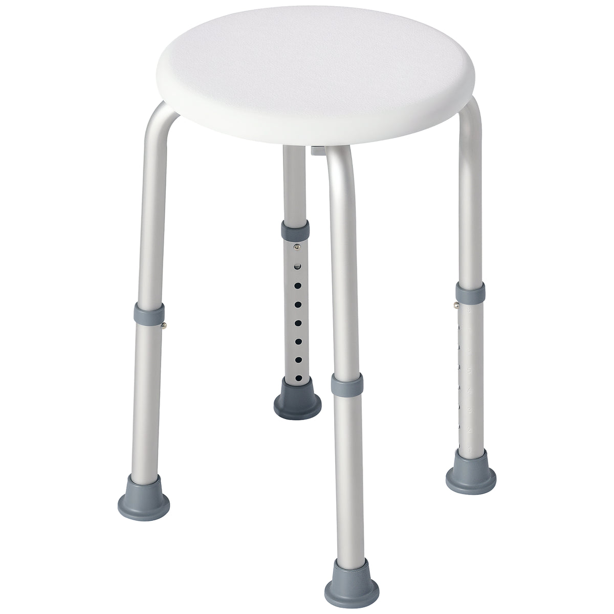Sgabello da Doccia Girevole a 360 con Piedini Antiscivolo e Regolabile in Altezza su 8 Livelli, Sgabello per Doccia in Alluminio e PE, 32.5x41x35.5-54 cm, Bianco