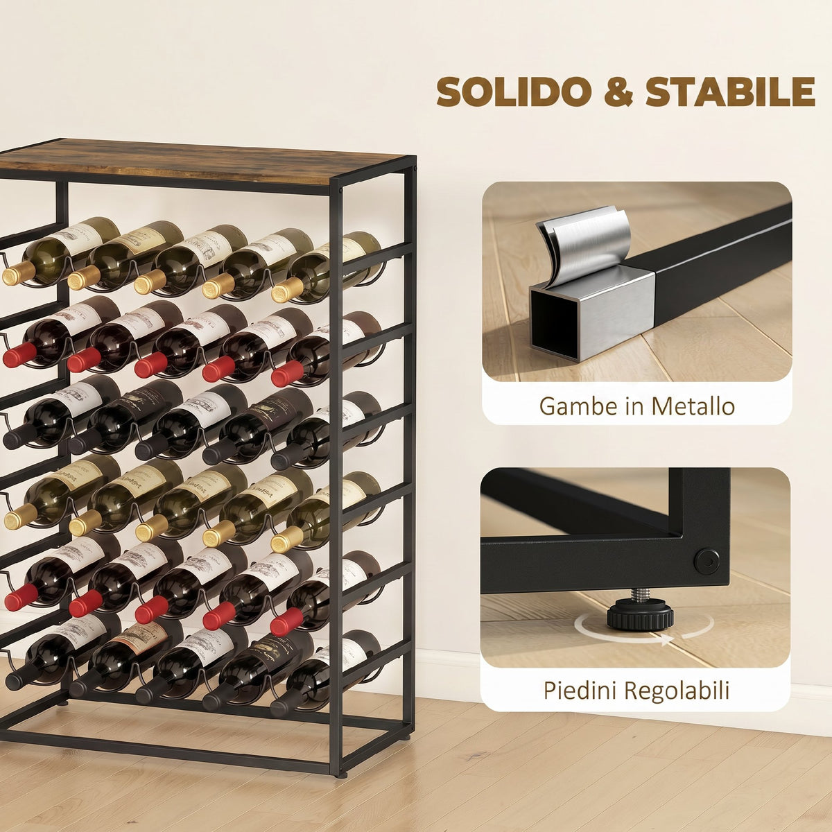 Portabottiglie da Terra per 30 Bottiglie con 6 Ripiani, Stile Industriale, Marrone Rustico