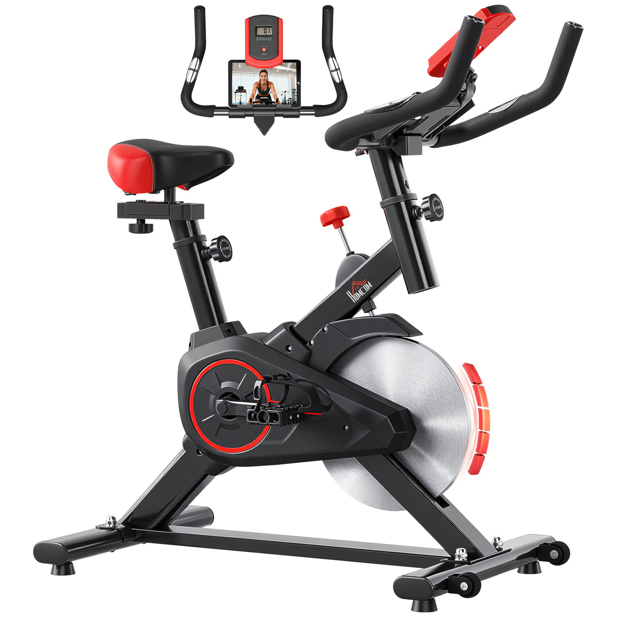 Cyclette da Casa con Resistenza Regolabile, Cyclette Professionale da Camera con Sella e Manubrio Regolabile, Monitor LCD, Sensore Battito Cardiaco Porta Celullare e Volano 6kg, Max.100kg