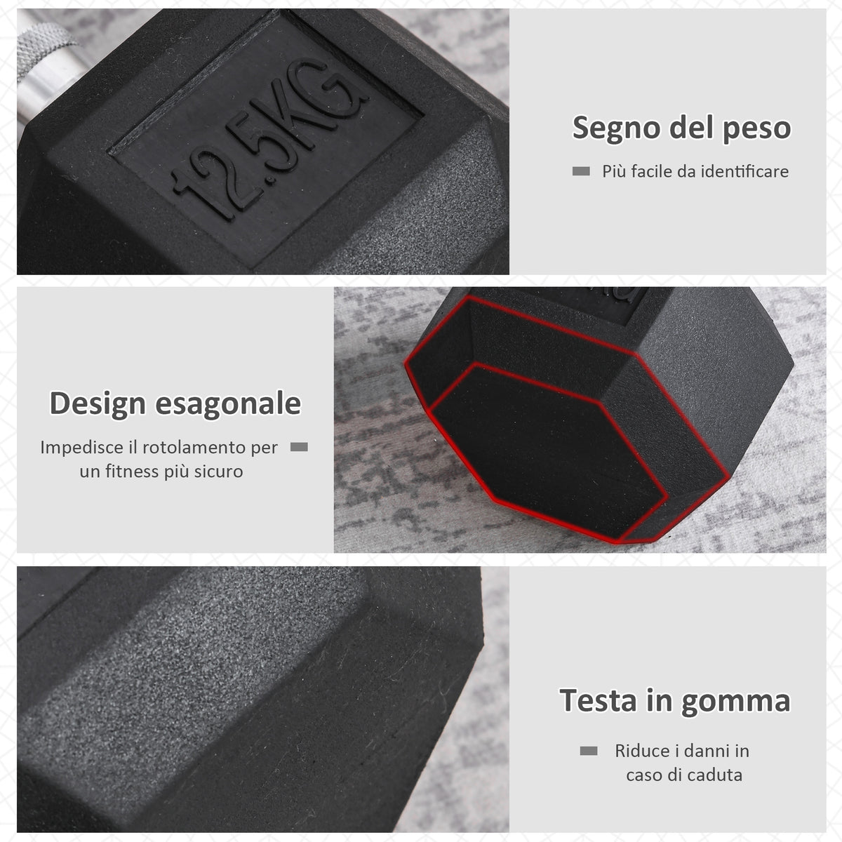 Manubrio da 12.5 kg Esagonale Singolo con Impugnatura Zigrinata Antiscivolo, Nero