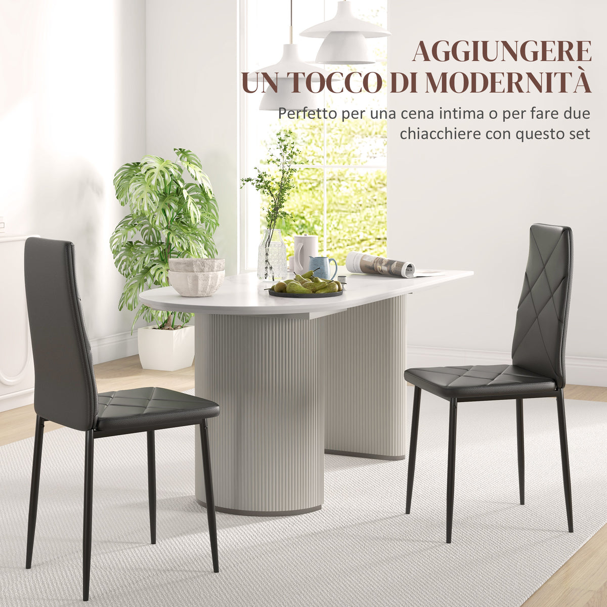 Set di 2 Sedie Moderne imbottite da Pranzo con Schienale Alto in Finta Pelle e Acciaio,rivestimento a polvere, 41x50x97 cm, Nero