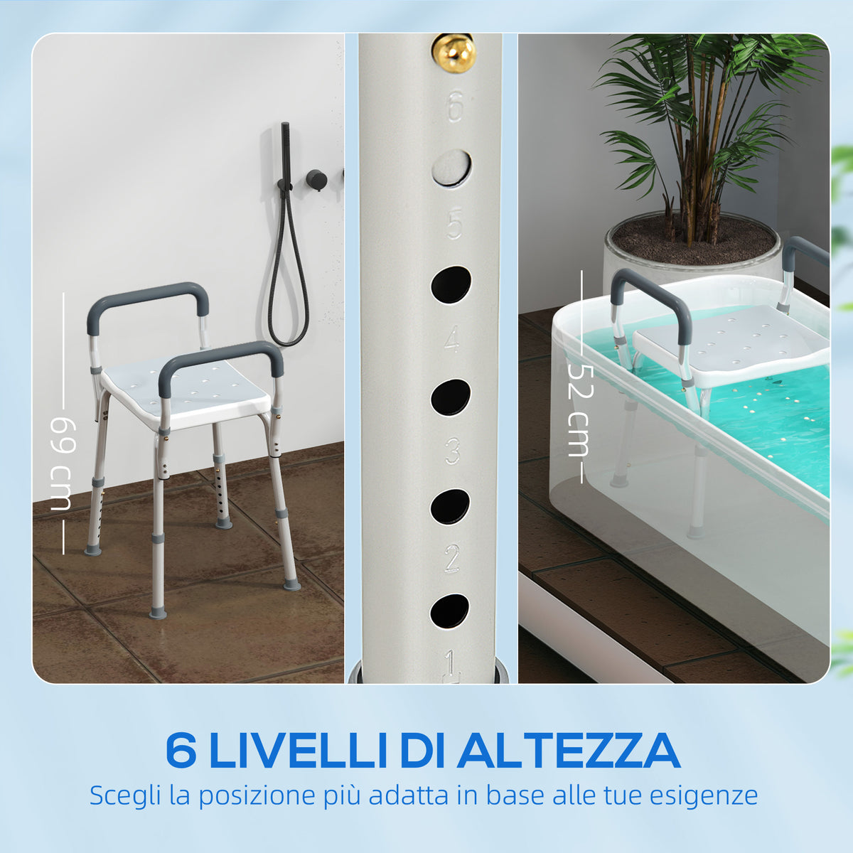 Sgabello per Doccia Regolabile con Braccioli e Fori di Drenaggio, in Alluminio, HDPE e EVA, 52x45x57-69 cm