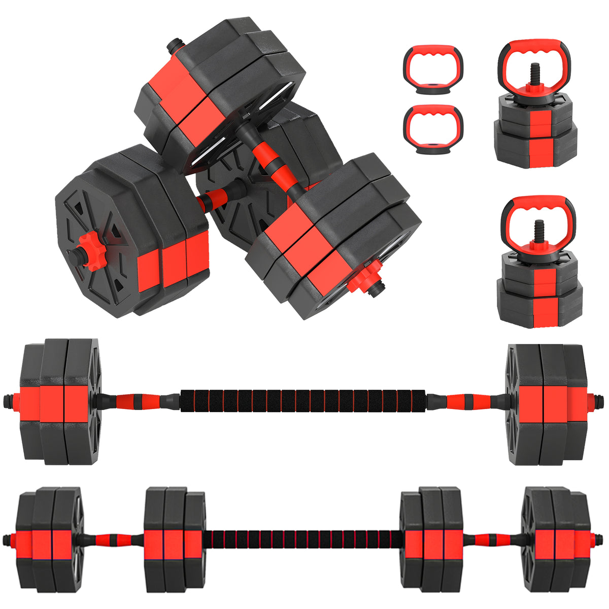 Set Pesi da Palestra 6 in 1 da 30kg, Convertibile in Kettlebell, 2 Manubri, Bilanciere e Supporto Flessioni, Rosso
