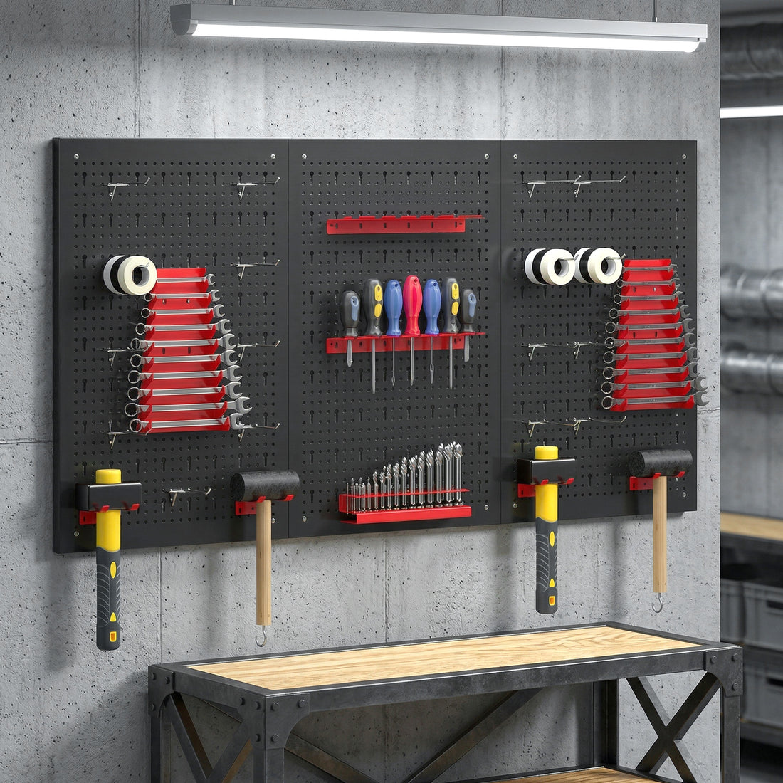 Set 3 Pannelli Porta Attrezzi da Parete in Acciaio con 9 Supporti e 16 Ganci, Nero e Rosso