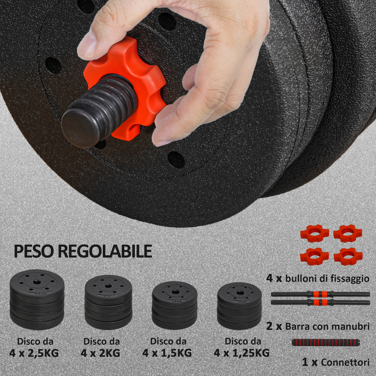 Set 2 Manubri Antiscivolo con 16 Dischi Pesi da 30 kg totali e Connettore, in Acciaio, HDPE e Sabbia, Nero