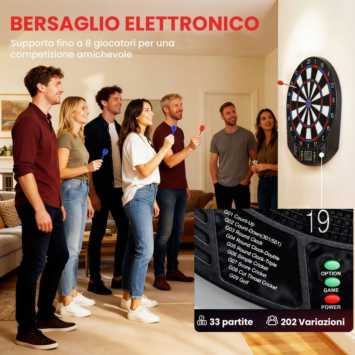 Freccette Bersaglio Elettronico, Bersaglio Freccette con Punta Morbida con 6 Freccette e Display LCD, per 8 Giocatori, 18 Giochi e 159 Varianti