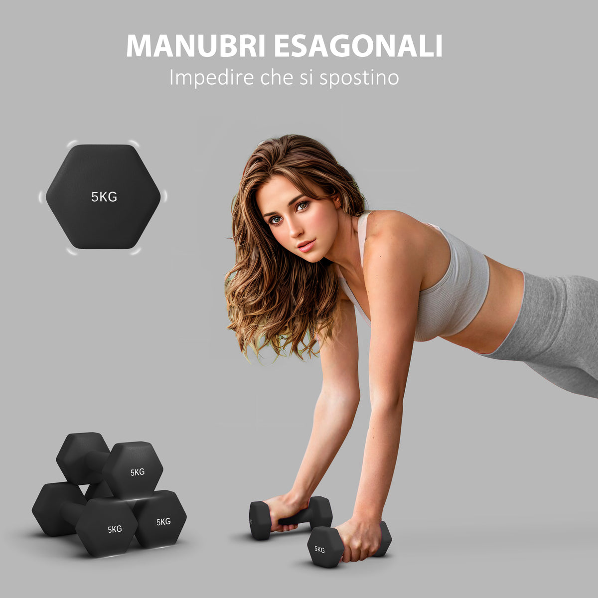 Set 2 Manubri Esagonali da 2x5 kg in Metallo e Plastica con Impugnatura Antiscivolo, 20x9x9 cm, Nero