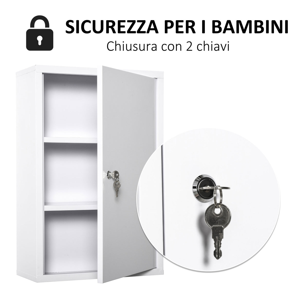 Armadietto Medicinali a 3 Livelli in Acciaio con 2 Chiavi e Montaggio a Parete, 40x18x60 cm, Bianco
