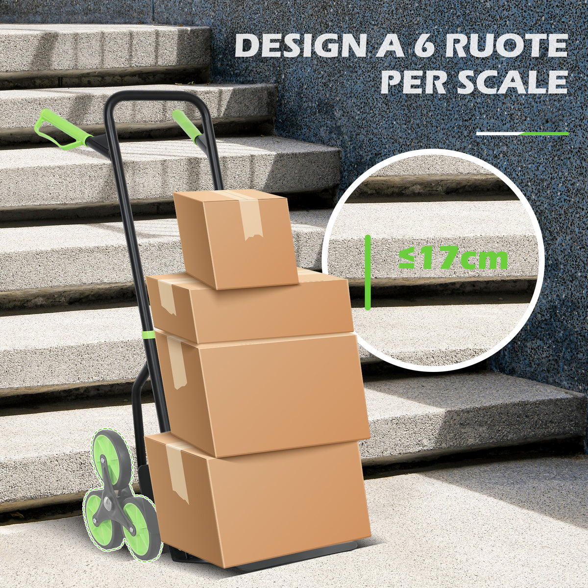 Carrello Portapacchi per Scale 6 Ruote, Pieghevole, Portata 120kg, in Acciaio, per Trasloco, Giardinaggio, Verde