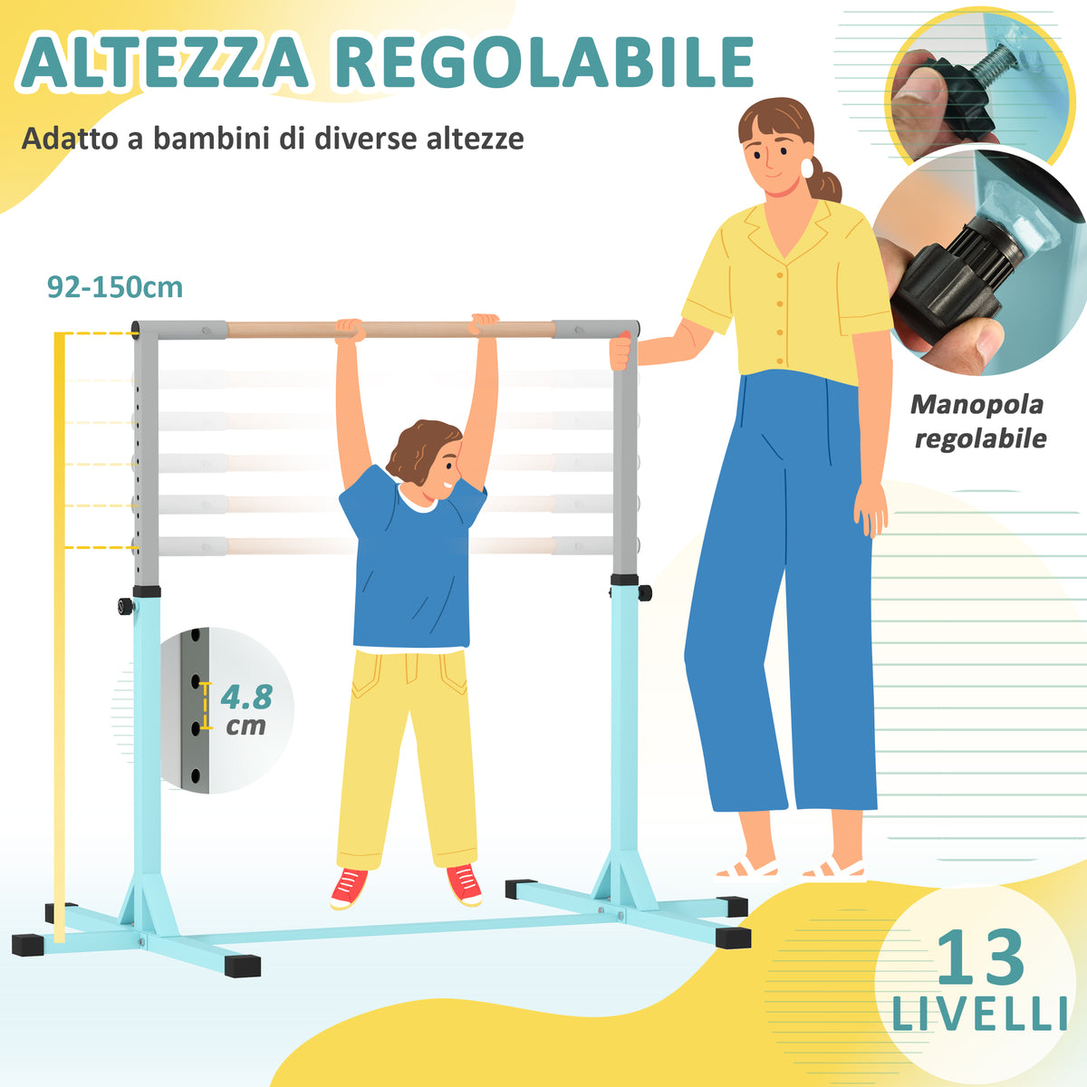 Barra da Ginnastica per Bambini 3+ Anni con Altezza Regolabile, in Acciaio e Legno Massello di Faggio, Celeste