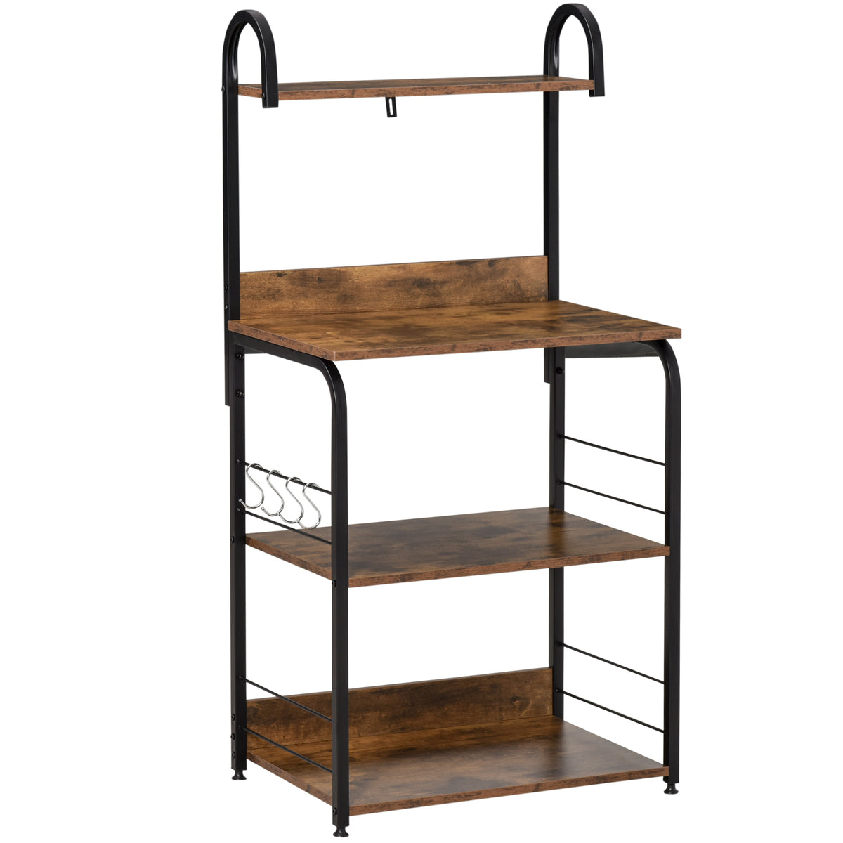 Mobiletto per Microonde, Scaffale da Cucina a 4 Ripiani e 4 Ganci, Mobile Cucina in Acciaio e Legno 60x40x125cm, Marrone Rustico