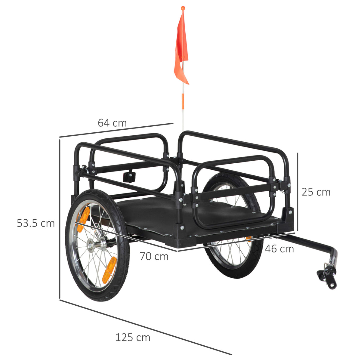 Carrello Bici da 70L con 2 Ruote da 16", 2 Catarifrangenti e Bandierina, in Acciaio e PE, 125x64x53.5 cm, Nero