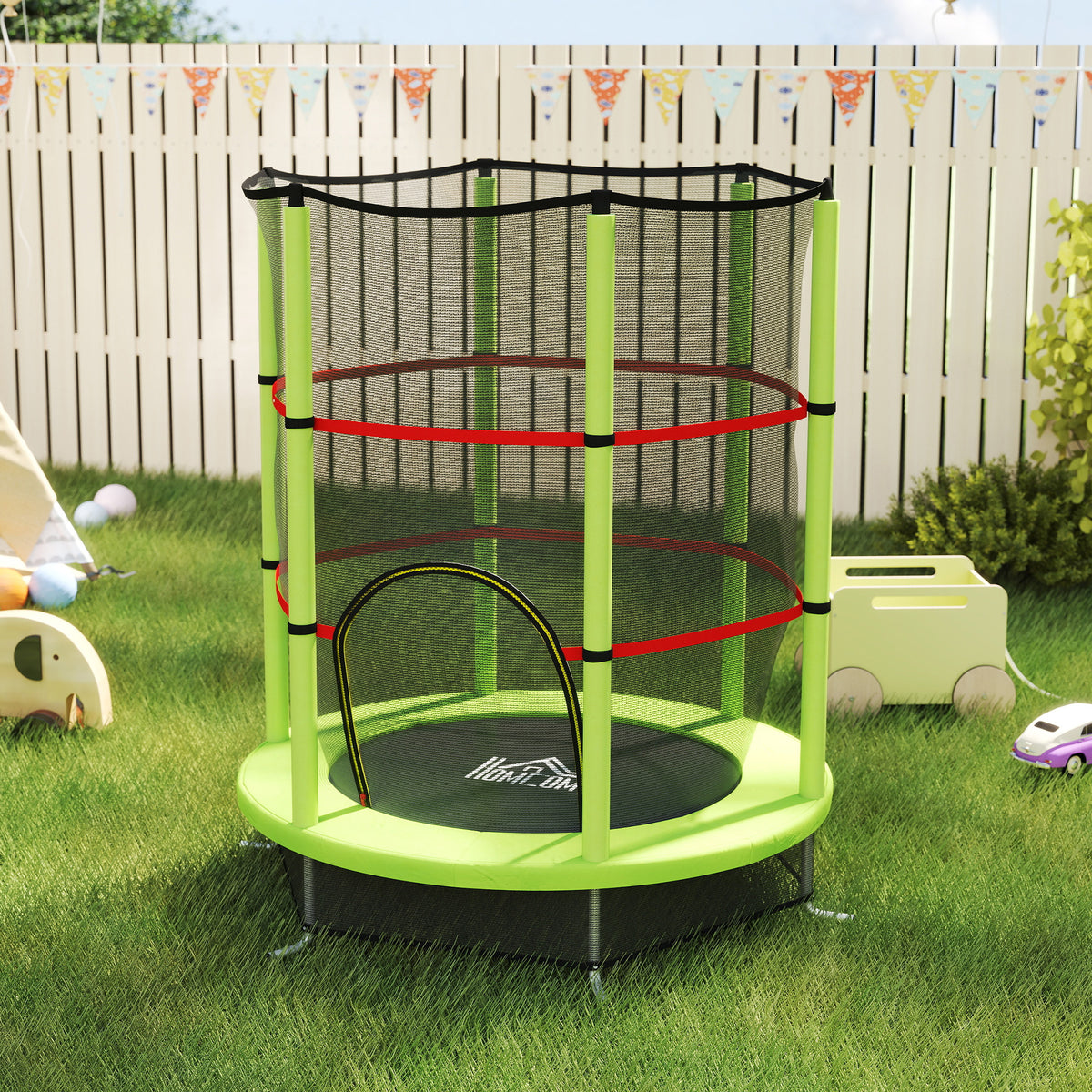 Tappeto Elastico per Bambini 3-6 Anni con Rete di Protezione, 6 Colonne e 3 Ingressi, 140x190 cm, Verde e Nero