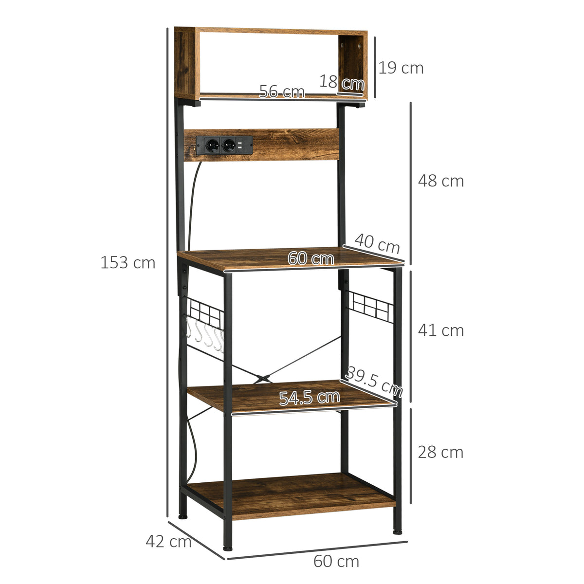 Scaffale Cucina con Multipresa, Ripiani e Ganci Stile Industriale, 60x42x153cm, Marrone