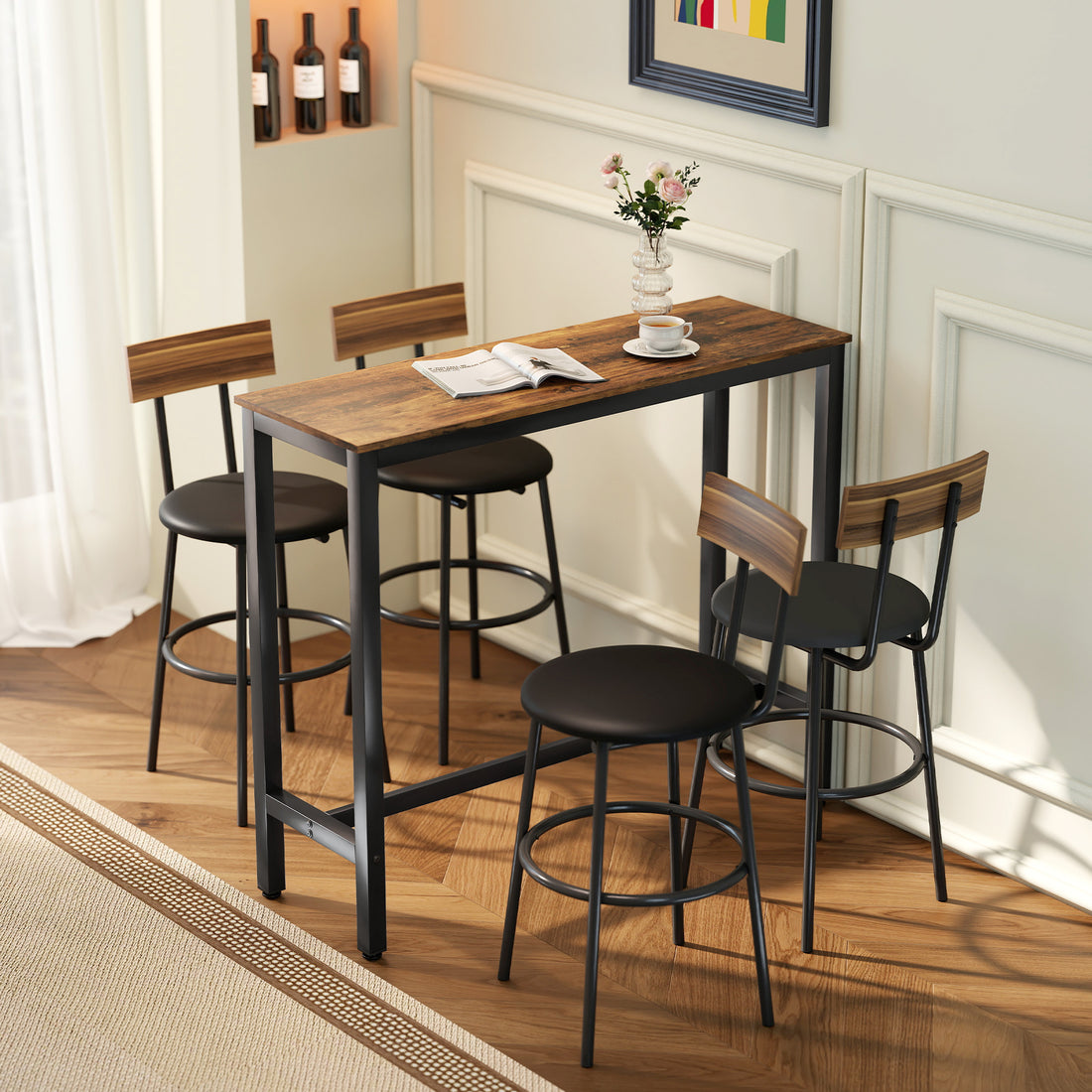 Tavolo Bar Alto e Rettangolare in Stile Industriale, in Acciaio e Legno, 120x40x100 cm Marrone Rustico