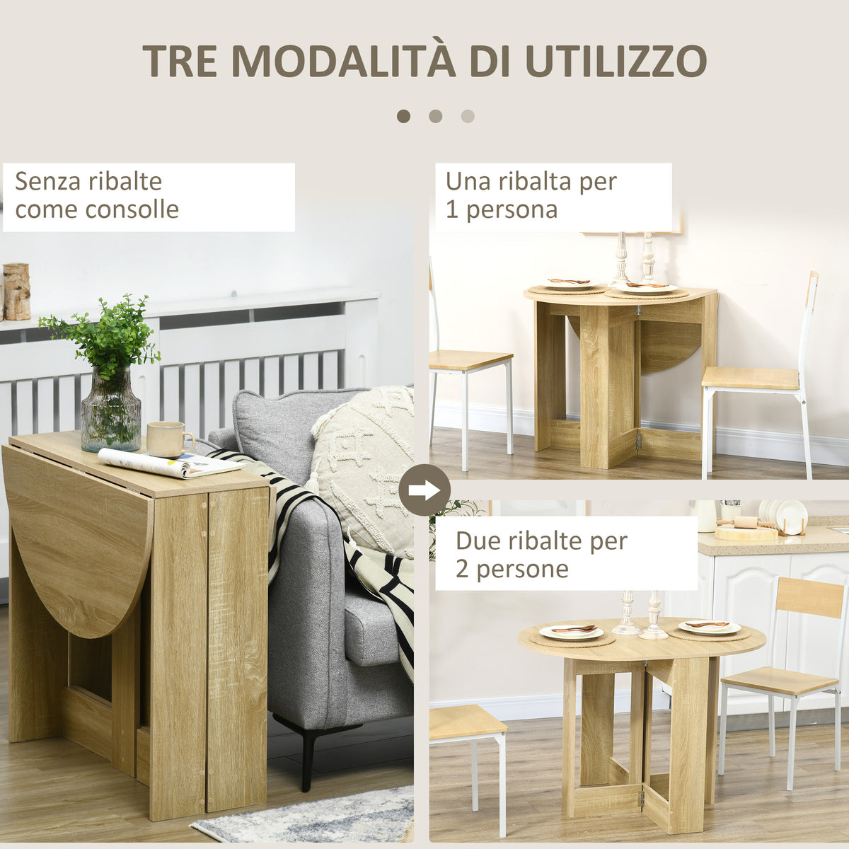 Tavolo Pieghevole da Pranzo a 2 Ribalte, Tavolo Consolle in Legno Salvaspazio, Rovere