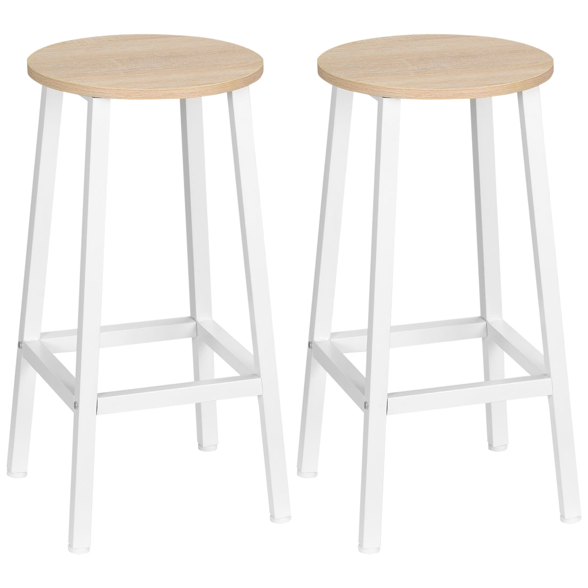 Set 2 Sgabelli da Cucina in Truciolato e Acciaio con Piano Liscio e Poggiapiedi, 32.5x32.5x65 cm, Bianco e Legno