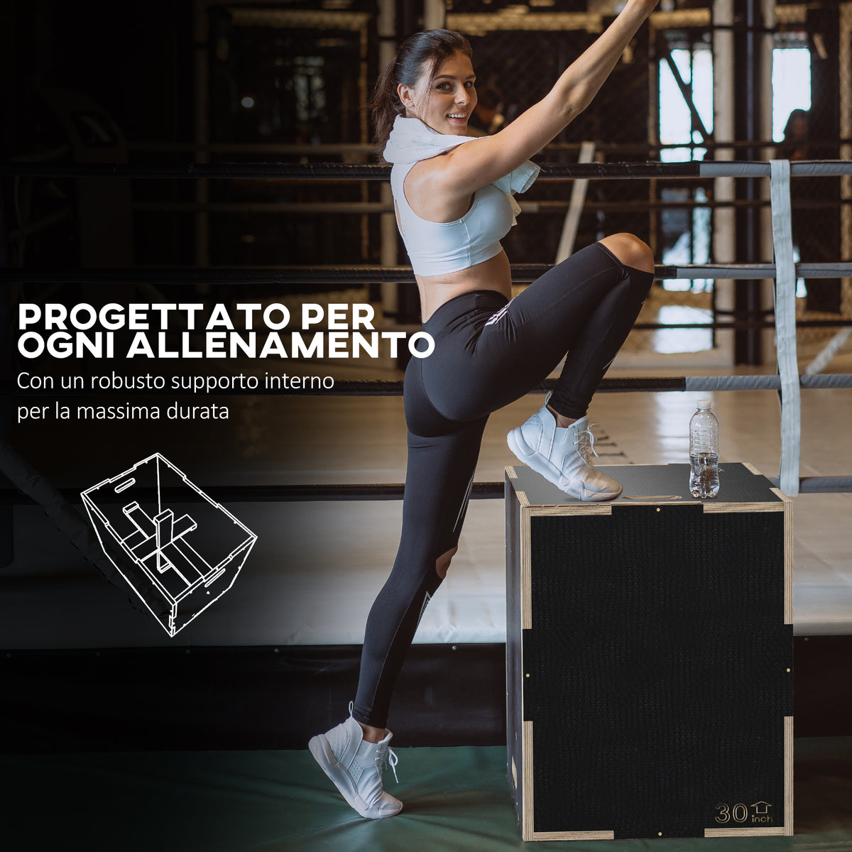 Box Jump Pliometrico a 3 Altezze in Legno Antiscivolo, 76-61-51cm, Nero