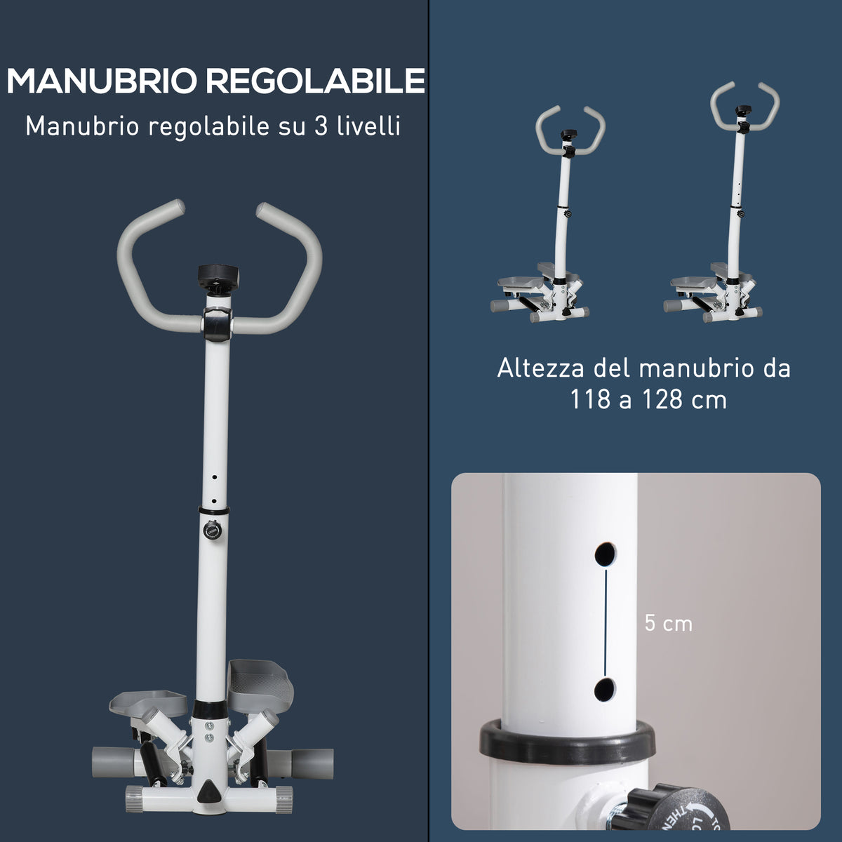 Stepper con Monitor LCD, Manubrio Regolabile ed Elastici, in Acciaio e ABS, Bianco e Grigio
