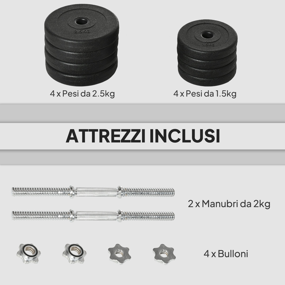 Set Manubri Pesi 20 kg (4x2.5 kg, 4x1.5 kg) con 8 Dischi e 2 Manubri da 2 kg, 43x18x7.5 cm, Nero