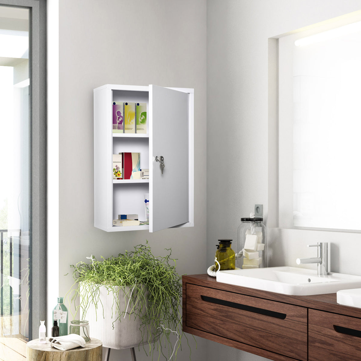 Armadietto Medicinali a 3 Livelli in Acciaio con 2 Chiavi e Montaggio a Parete, 40x18x60 cm, Bianco