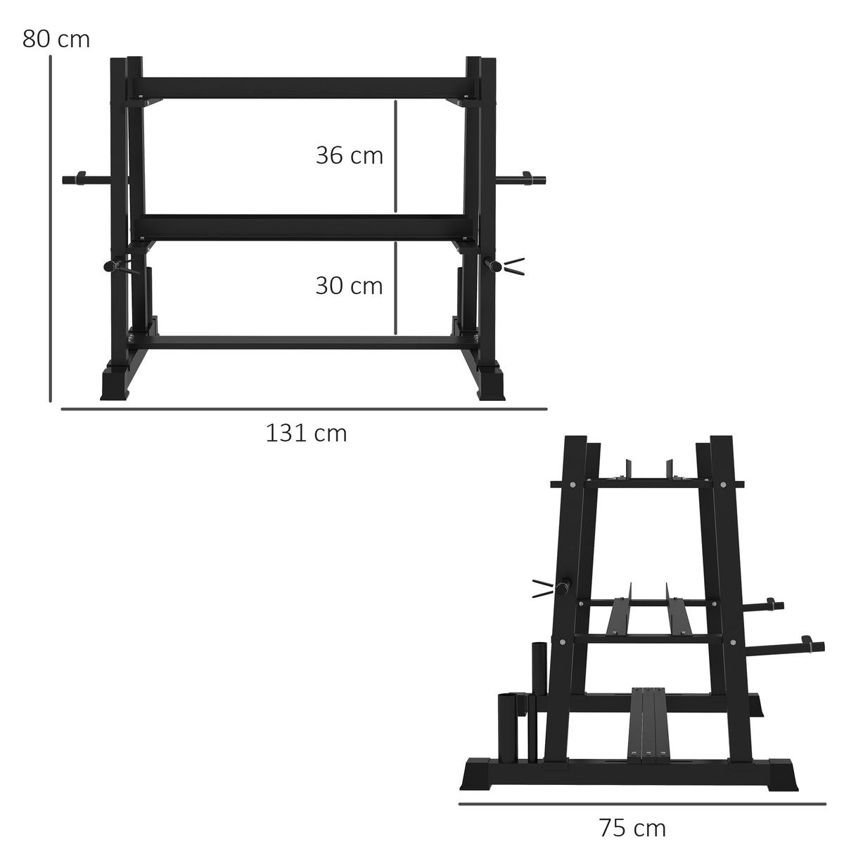 Rastrelliera per Manubri in Acciaio con 4 Aste Regolabili per Pesi e Kettlebell, 131x75x80 cm, Nero