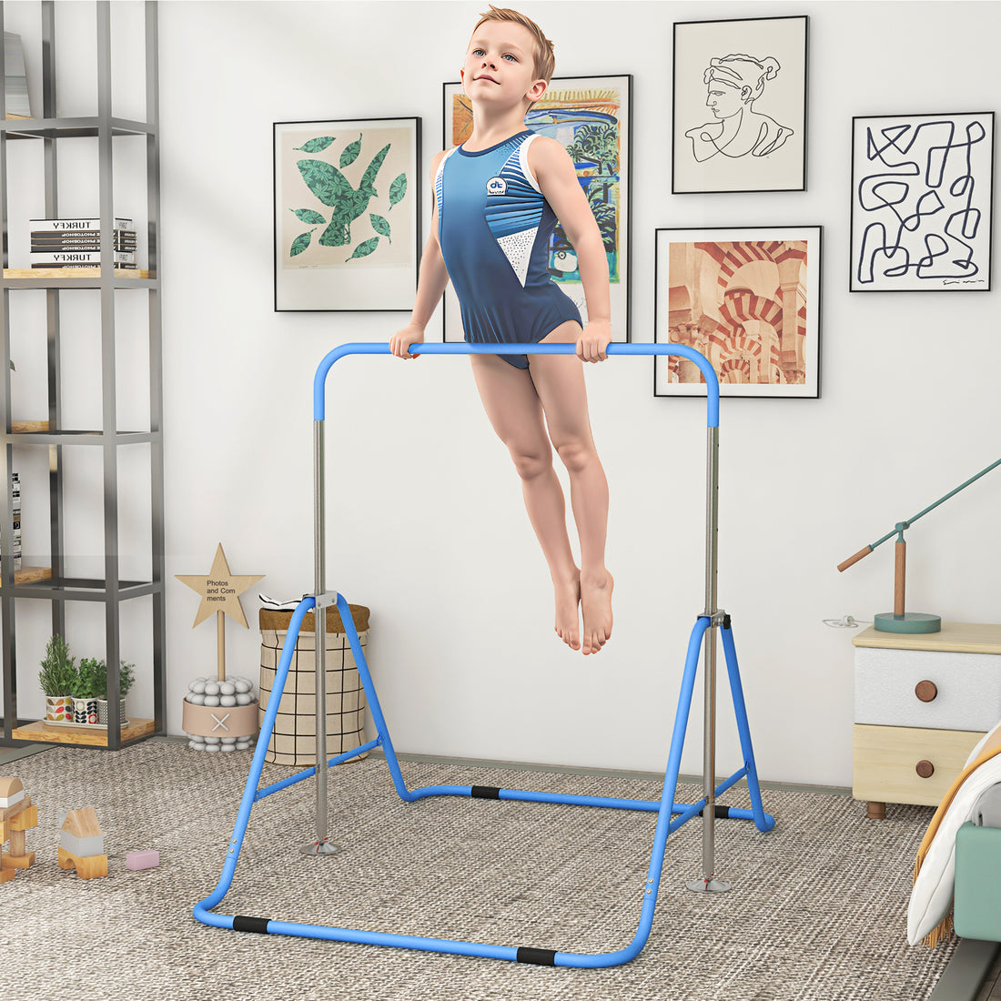 Sbarra Ginnastica Artistica per Bambini 3+ Anni con Altezza Regolabile su 5 Livelli, in Acciaio, Blu