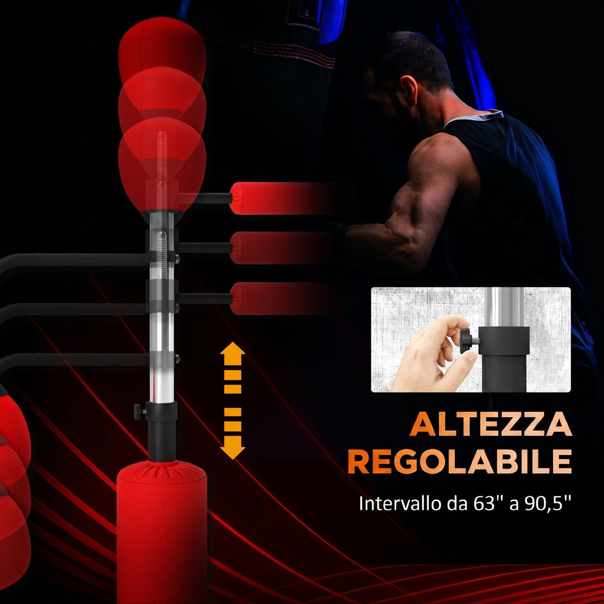 Sacco Boxe da Terra 4 in 1 con 2 Speedball, Barra Girevole e Sacco, Altezza Regolabile da 160-230cm, Rosso