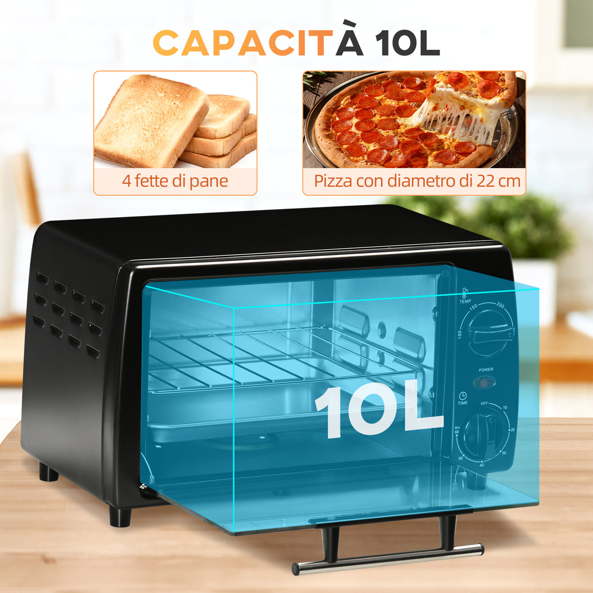 Fornetto Elettrico 10L da 750W con Temperatura Regolabile e Timer, 36.5x26x22 cm, Nero