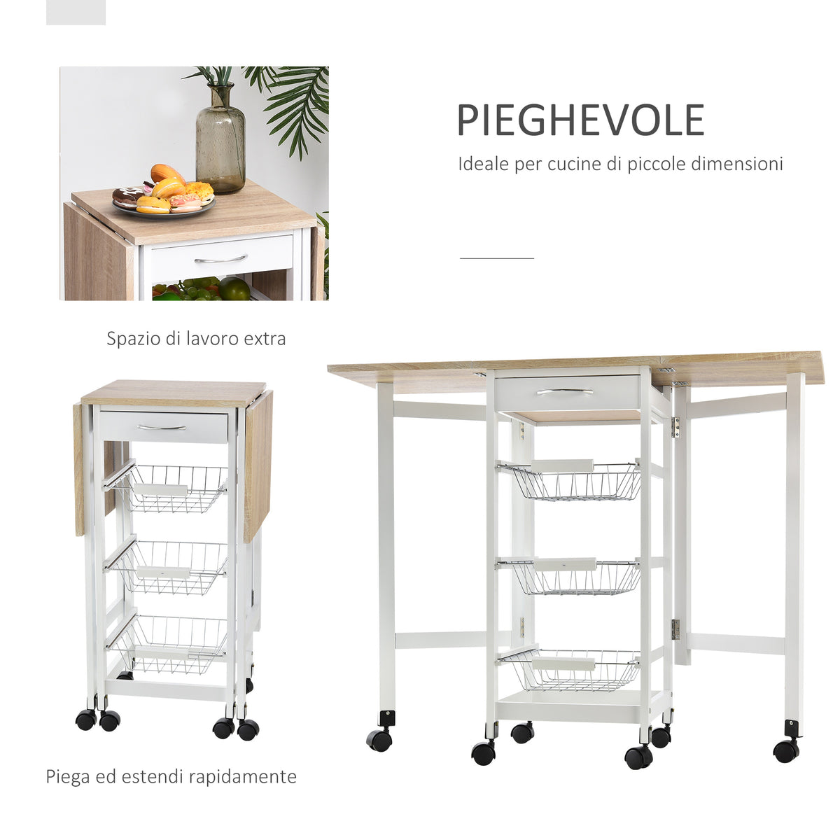 Carrello Portavivande Pieghevole a 6 Ruote con 3 Cestini, Cassetto e 2 Ribalte, Carrellino per Cucina in MDF e Metallo, 37x37x77.5 cm, Bianco e Legno