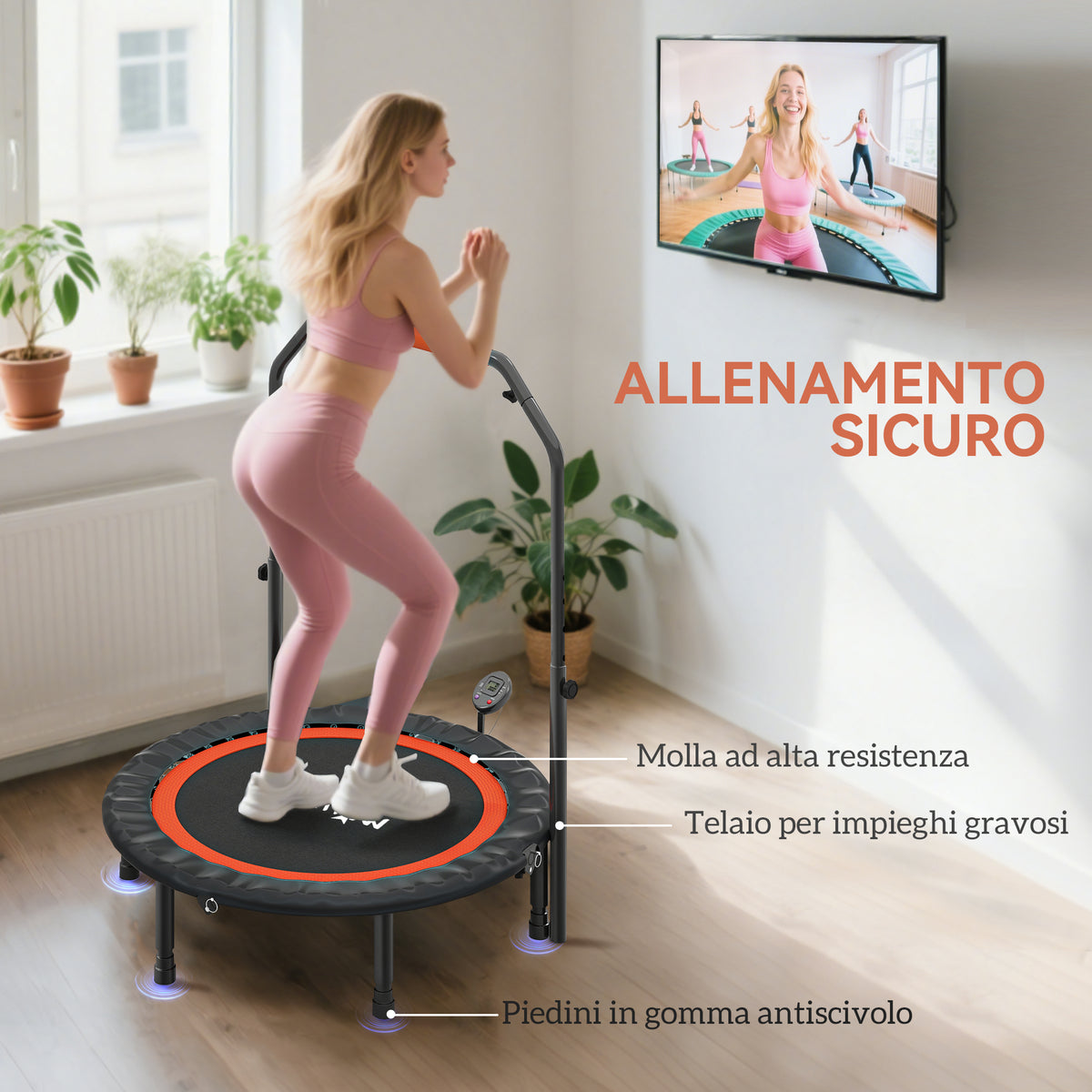 Mini Trampolino Fitness 102 cm con Manubrio Regolabile, Trampolino Elastico Pieghevole, Nero