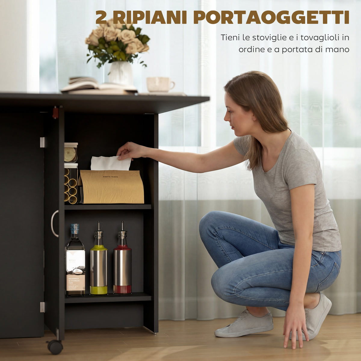 Tavolo Pieghevole in Legno per 4-6 Persone con Ruote, 75x140x74cm, Nero