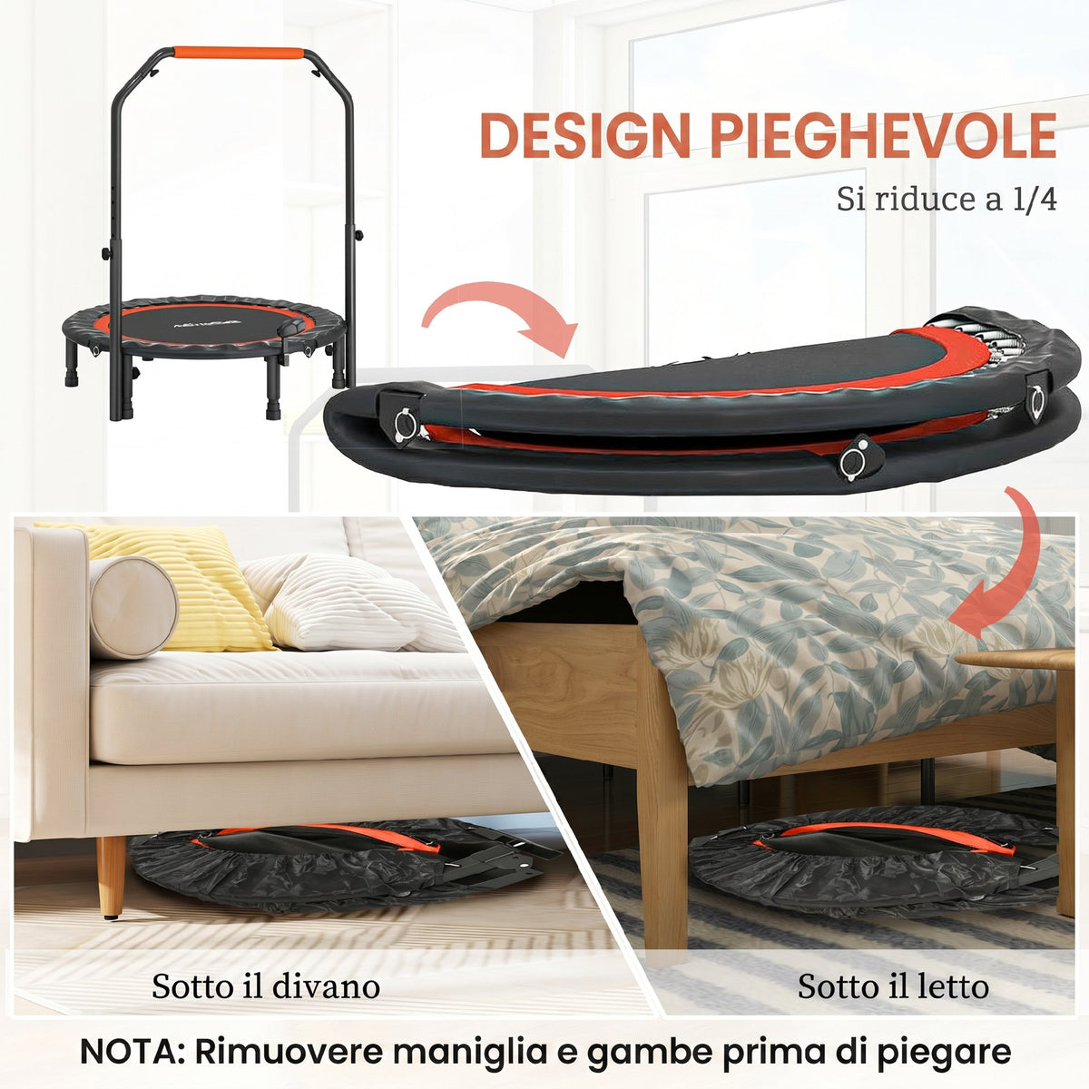 Mini Trampolino Fitness 102 cm con Manubrio Regolabile, Trampolino Elastico Pieghevole, Nero