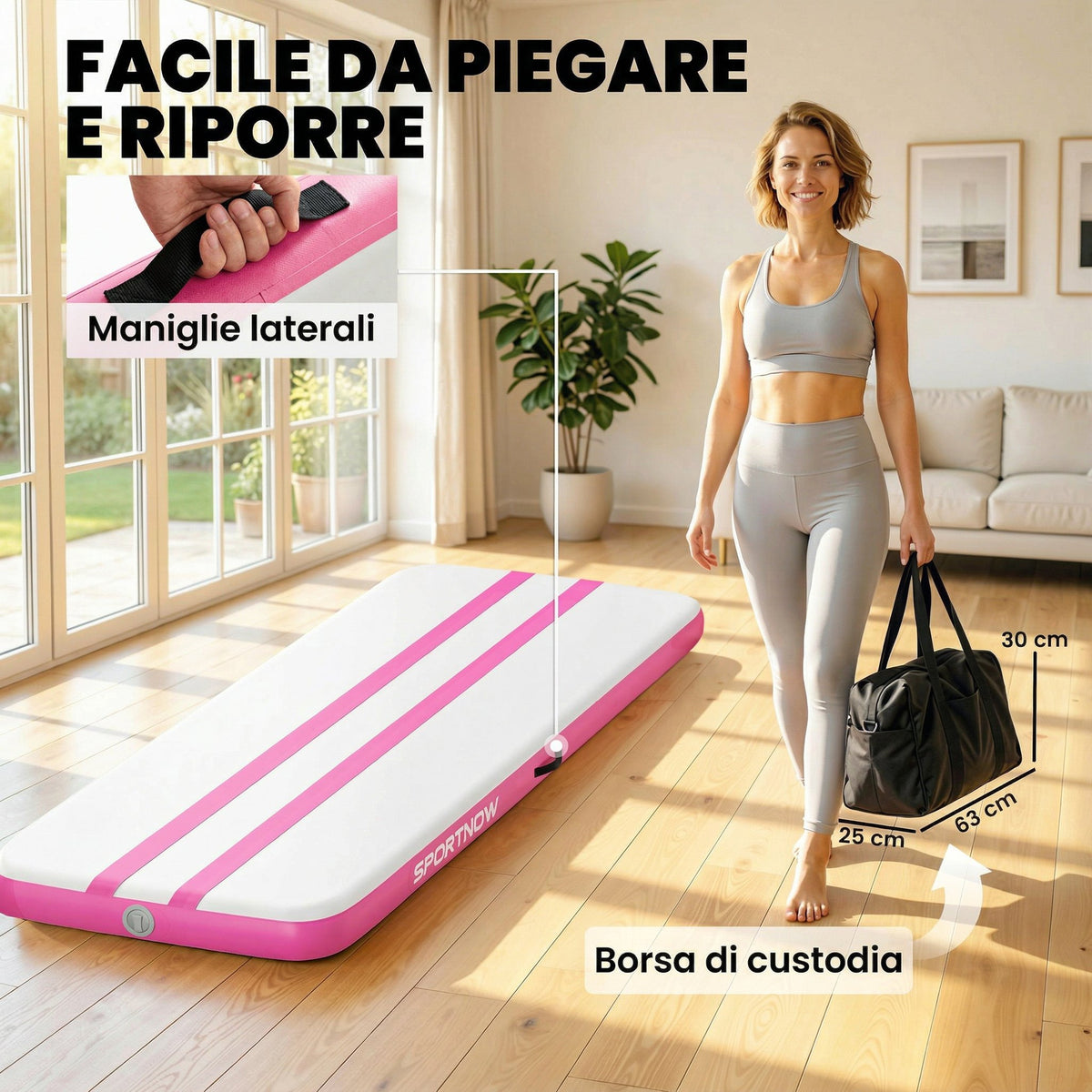 Tappetino Gonfiabile per Ginnastica, 3,05 m con Pompa Elettrica e Borsa