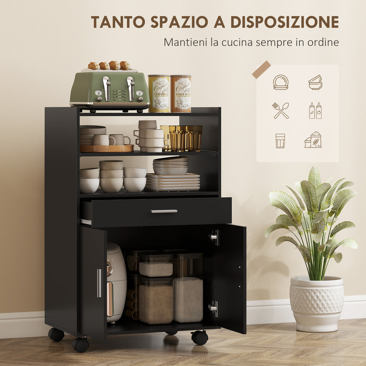 Mobile Microonde in Legno con Cassetto, Armadietto a 2 Ante e 2 Ripiani, 59x40x92 cm, Nero