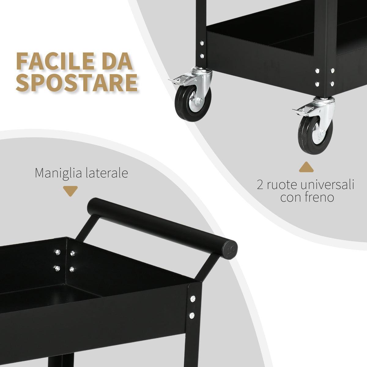 Carrello Porta Attrezzi a 2 Ripiani in Acciaio, 84.5x38x84cm, Nero