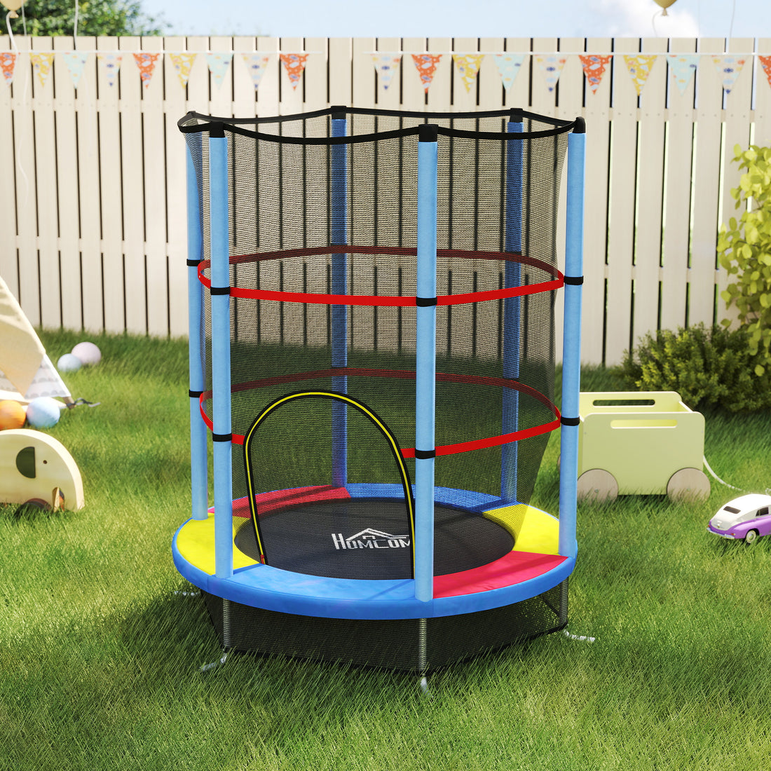 Tappeto Elastico per Bambini 3-6 Anni con Rete di Protezione, 6 Colonne e 3 Ingressi, 140x190 cm, Multicolore