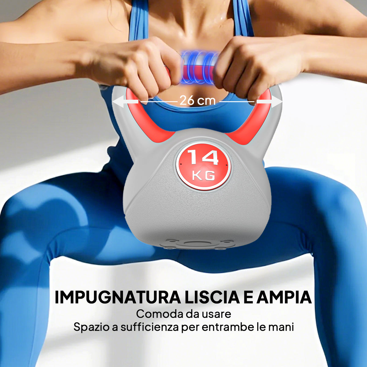Kettlebell 14kg in PU e Sabbia con Base Piatta e Impugnatura per Stacchi, Squat e Sollevamenti, 26x18x32 cm, Rosso