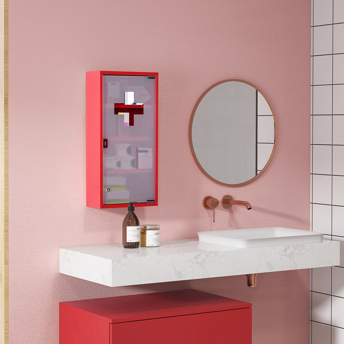Cassetta Porta Medicine Armadietto Medicinali 4 Livelli Porta in Vetro 603012cm Rosso