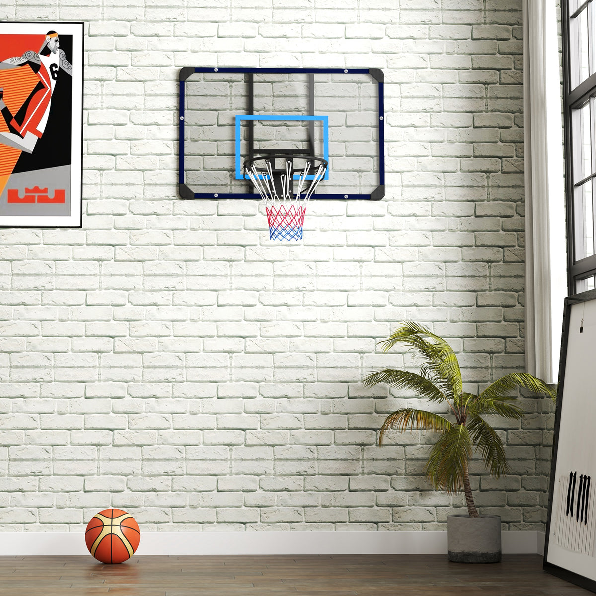 Canestro Basket da Muro con Tabellone Infrangibile e Cerchio in Acciaio, 113x61x73 cm