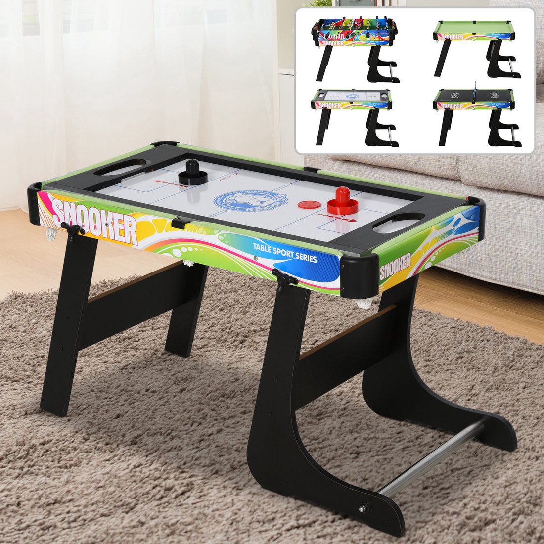 Tavolo da Gioco 4 in 1 Pieghevole per Calcio-Balilla, Biliardo, Air Hockey e Ping Pong, in MDF e Plastica