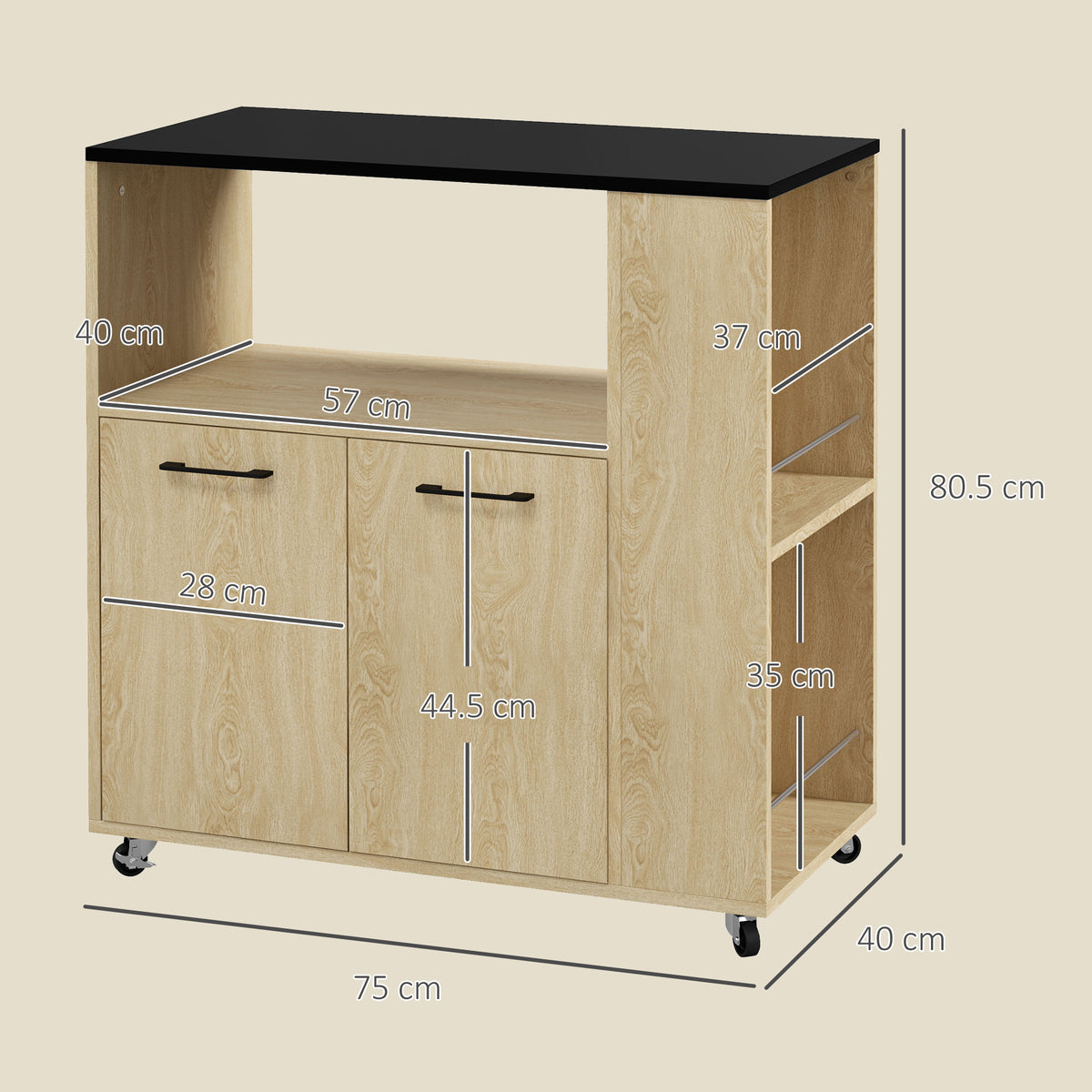 Carrello da Cucina in Truciolato con Ripiano Aperto, Armadietto a 2 Ante e Scaffale Laterale, 75x40x80.5 cm