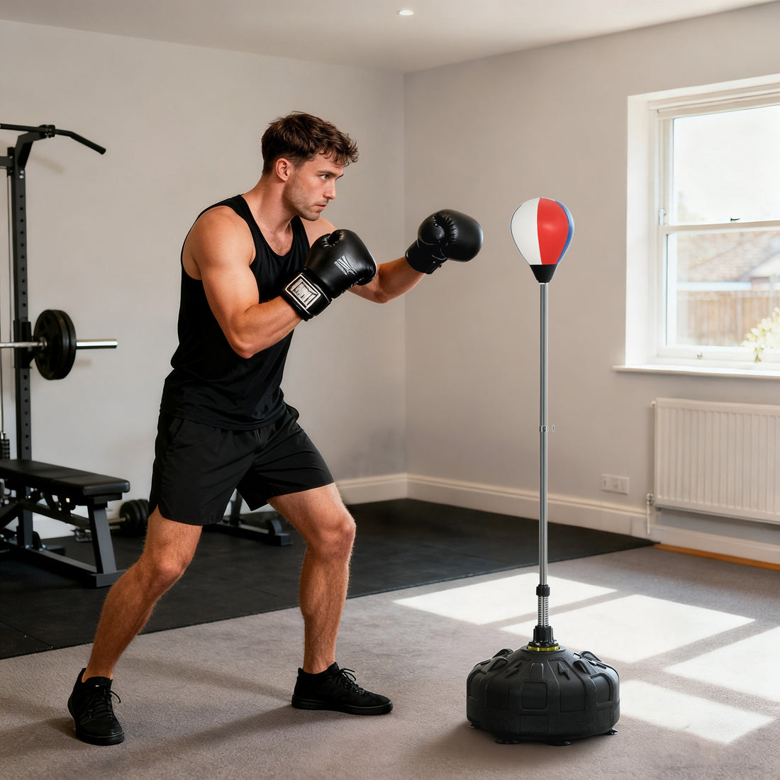 Punching Ball da Terra con Base Riempibile e Ventose, Altezza Regolabile da 147-165 cm, Nero