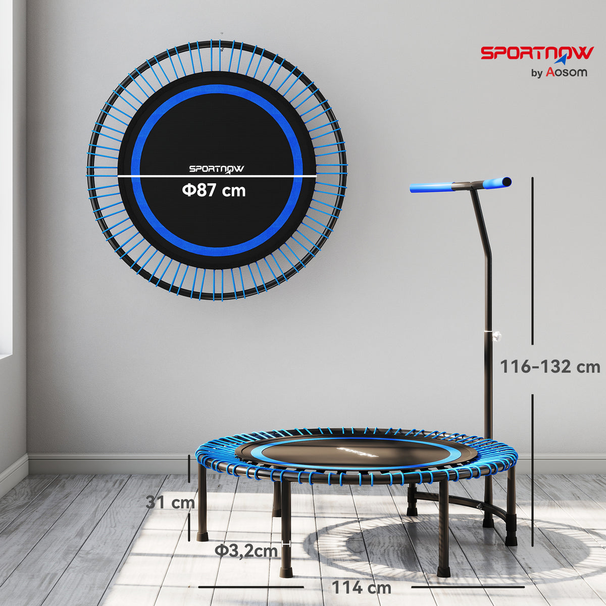 Trampolino Fitness 145 cm con Manubrio Regolabile su 5 Posizioni, 36 Molle Bungee e Capacità 200 kg, Blu