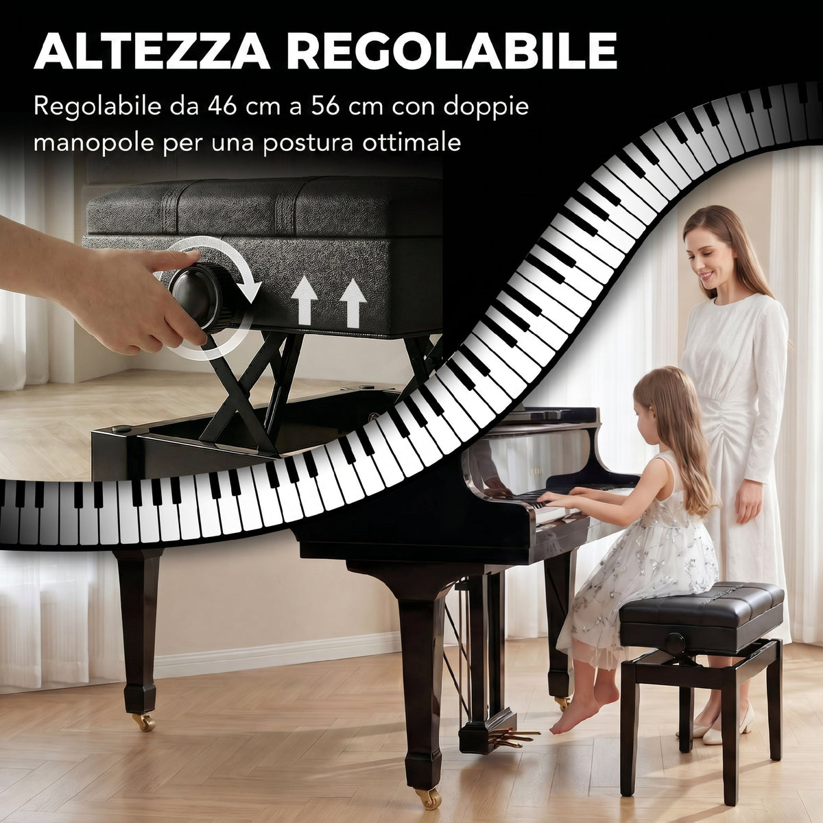Sgabello per Pianoforte con Altezza Regolabile e Contenitore in Legno e Finta Pelle, 63x35x46-56cm, Nero