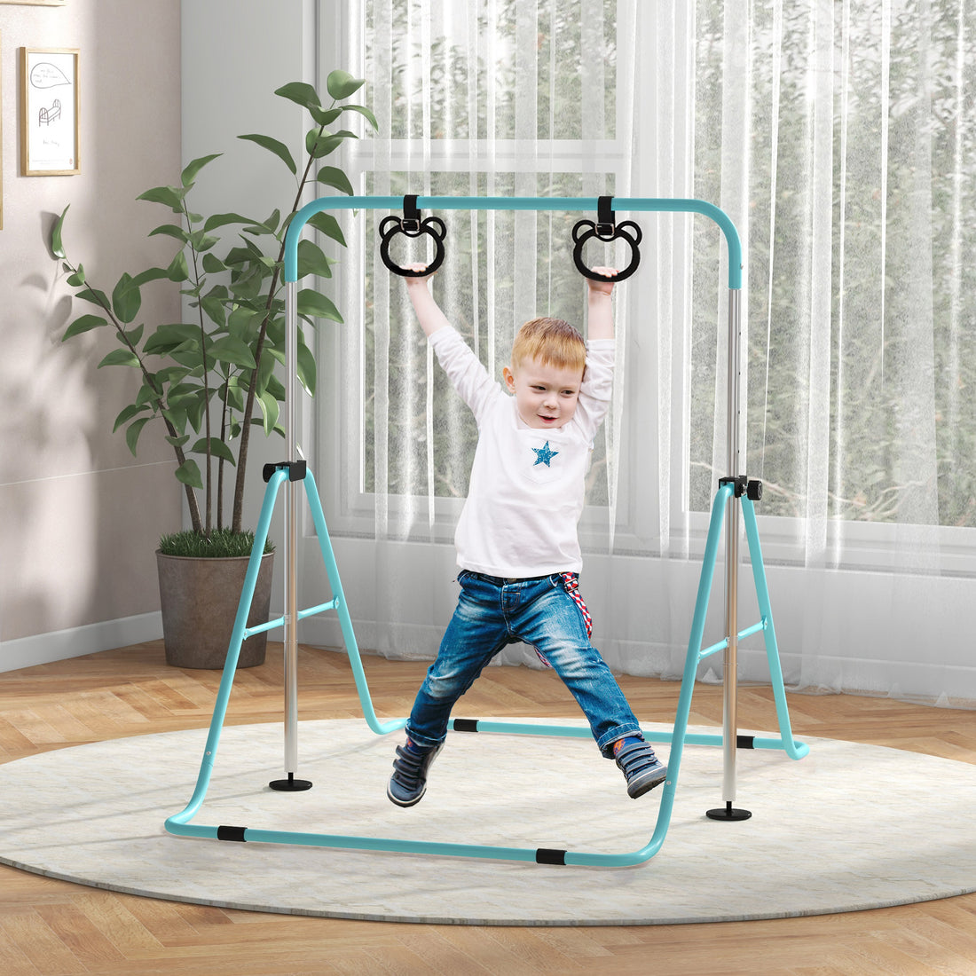 Sbarra Ginnastica Artistica per Bambini ad Altezza Regolabile con 2 Anelli, in Acciaio, Verde Chiaro