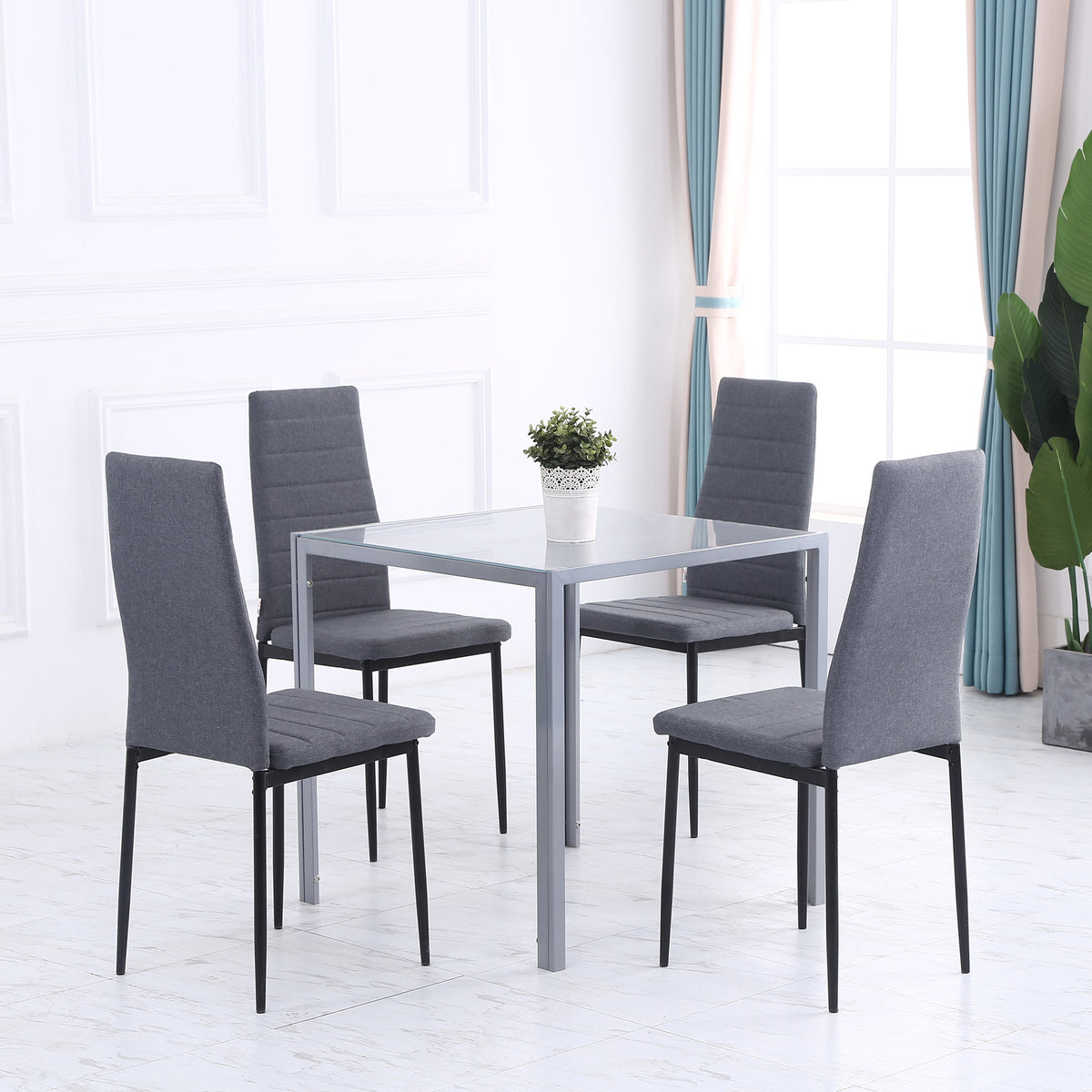 Tavolo Quadrato da 4 Persone per Cucina e Soggiorno, Tavolo Moderno in Metallo e Vetro Temperato, 75x75x75 cm, Grigio